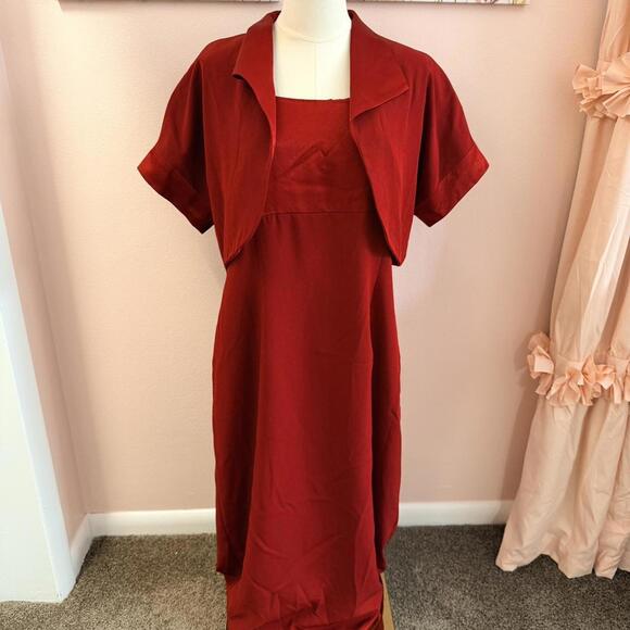 Vintage Red Satin Dress with Matching Cropped Jacket | Formal Set | Size 16 - Picture 2 of 6
